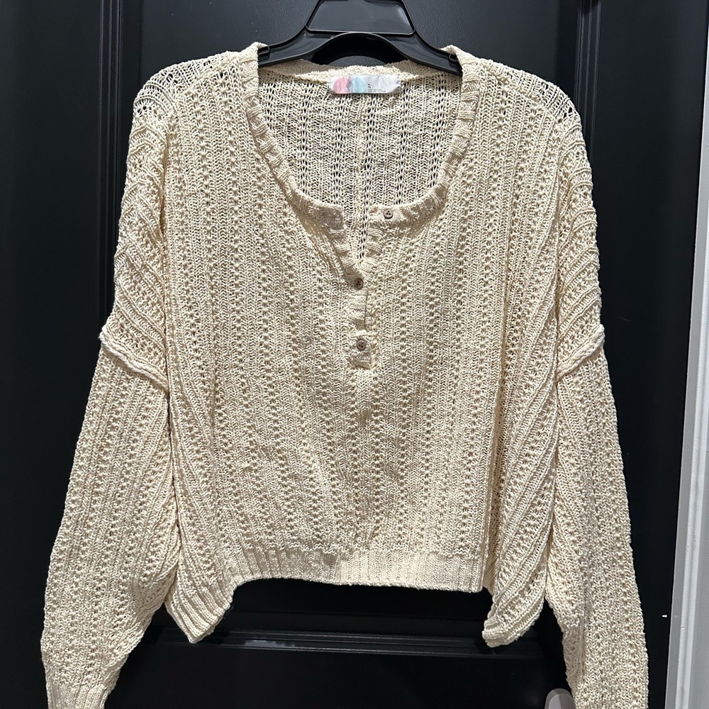 FP Beach Free People Cream Knit Button-Up Sweater